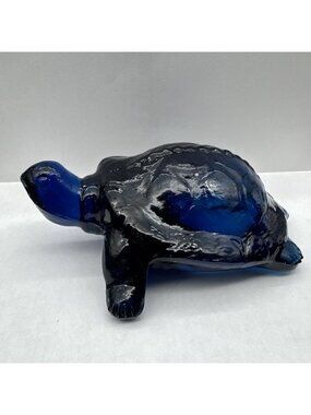Vintage Cobalt Blue Glass Turtle Paperweight Figurine Signed PL READ